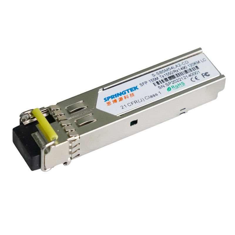 متوافق مع العلامة التجارية 155M أحادية الوضع BiDi 120km LC Tx1550 / Rx1490nm DDM SFP وحدة الألياف البصرية الصناعية